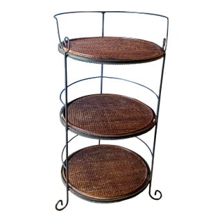 Vintage Wicker 3 Tiered Standing Shelf For Sale