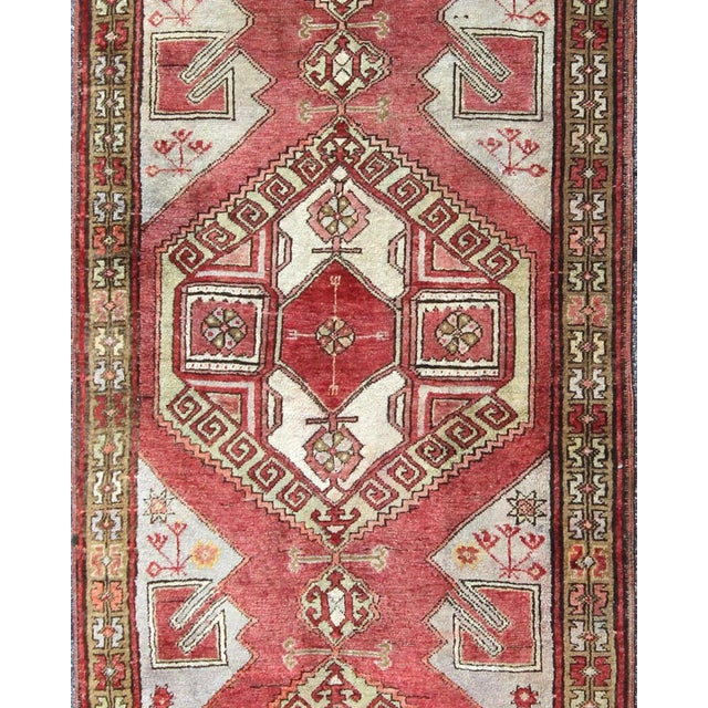 Turkish Vintage Turkish Oushak Gallery Runner With Geometric Design in Red, Olive Green For Sale - Image 3 of 7