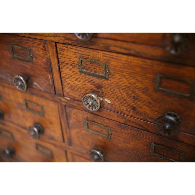 Antique Oak Store Counter Apothecary Card Catalog Kitchen Island (30 Drawers) For Sale - Image 10 of 15