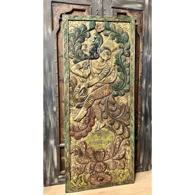 1920s Vintage Colorful Dancing Krishna Carved Wood Door – Handcrafted Indian Art Wall Panel 83x36 For Sale - Image 5 of 8