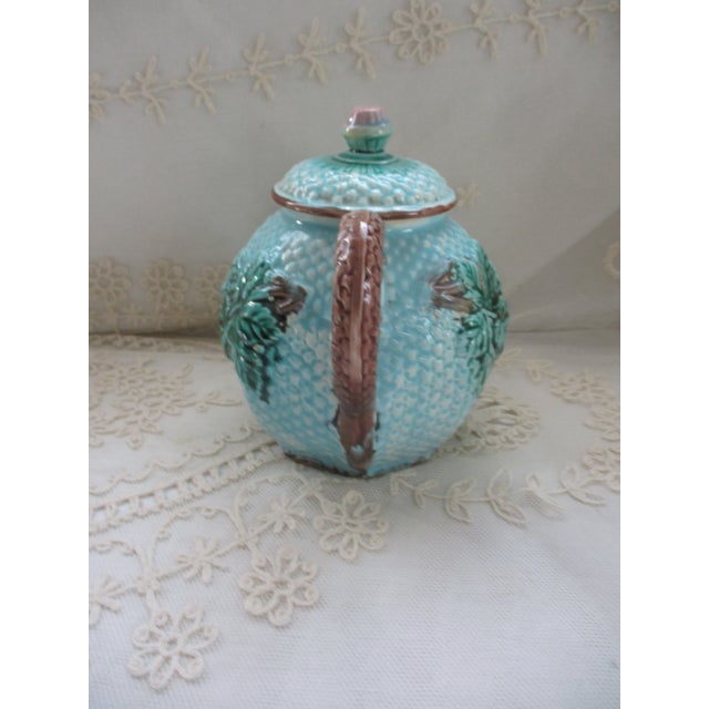 English Antique England Majolica Basket Weave With Leaves Blue Teapot 7" Tall For Sale - Image 3 of 11