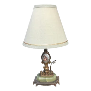 Vintage 1940s Victorian Scene Boudoir Lamp Alabaster Base and Shade