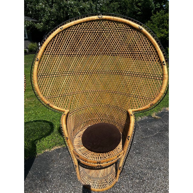 Wood This Pair of Vintage 1970s Boho Wicker and Rattan Peacock Chairs Features High, Dramatic Fan Backs and Hourglass Pedestal Bases. For Sale - Image 7 of 12
