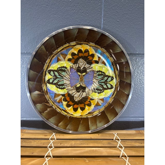 Vintage Brazilian Butterfly Wing Mosaic Tray Wall Art, Round Lucite and Steel For Sale - Image 4 of 5