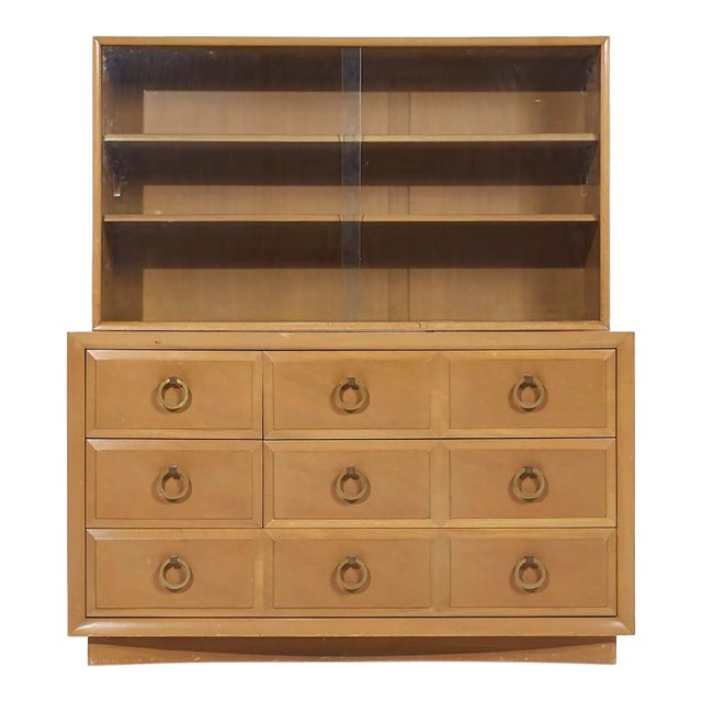 t.h. Robsjohn Gibbings for Widdicomb Modern Mid Century Maple and Brass Credenza With Hutch For Sale