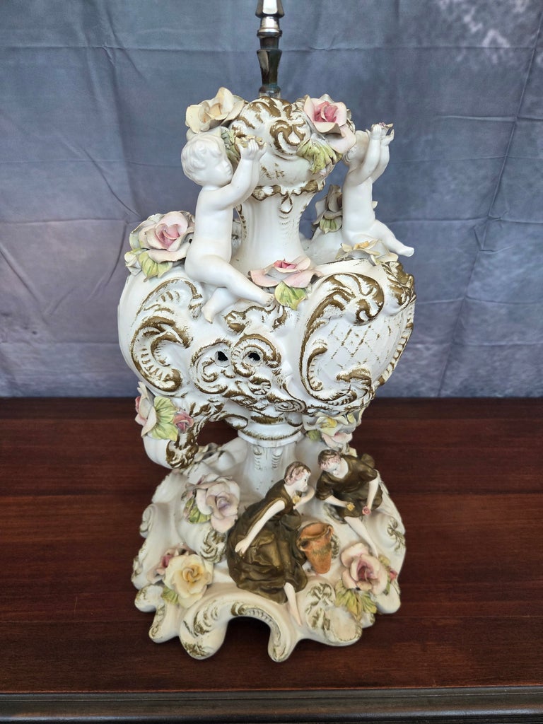 1960s Azzolin Brothers Porcelain Figural & Floral Table Lamp W