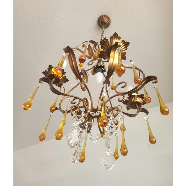 Floral Five-Light Gilded Ceiling Lamp with Crystals and Murano Glass Crystal Drops, 1960s For Sale - Image 6 of 18