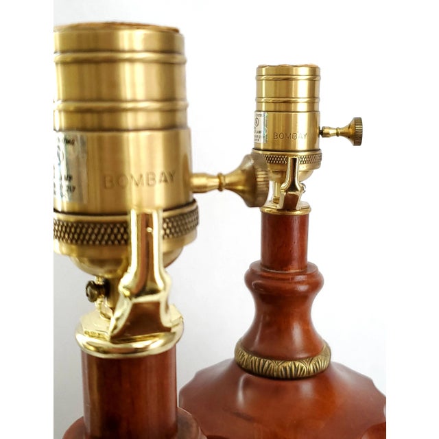 Lamp Pair Mahogany Brass & Shades For Sale In Miami - Image 6 of 12