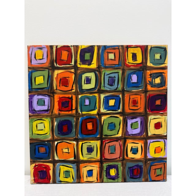 Wood Set of 3 Original Paintings Abstract Squares, Multi Colored on Square Canvas For Sale - Image 7 of 11