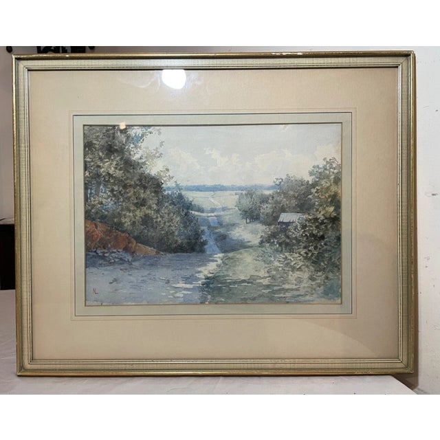 Realism Antique Original Landscape Farm Trail Realism Watercolor Painting Country Art Nl For Sale - Image 3 of 13