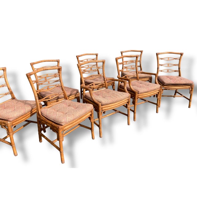 Set of 8 Vintage McGuire Bamboo Chairs. Includes 2 arm chairs. All in excellent used condition. Includes original muted...
