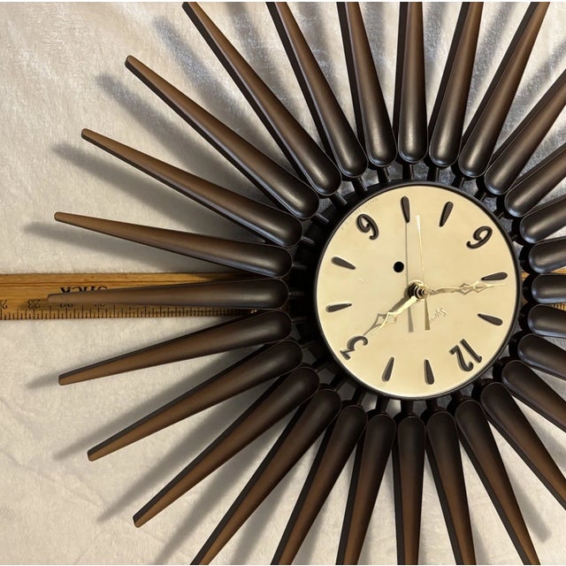 Vintage Syroco Sunburst Danish Mid Century Modern Nordic Wall Clock Made Usa For Sale In Dallas - Image 6 of 6