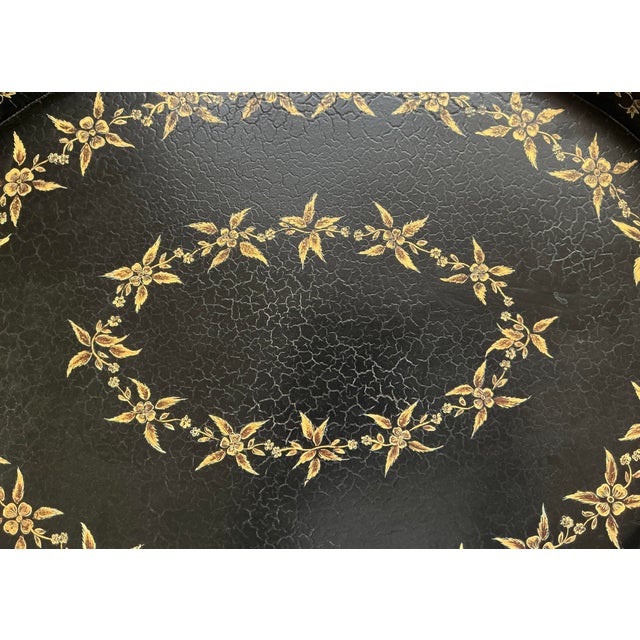 Late 20th Century Late 20th Century Pair of Oval Tole Tray Tables With Folding Stands Chinoiserie Style Regency Black Gold Contemporary Décor For Sale - Image 5 of 5