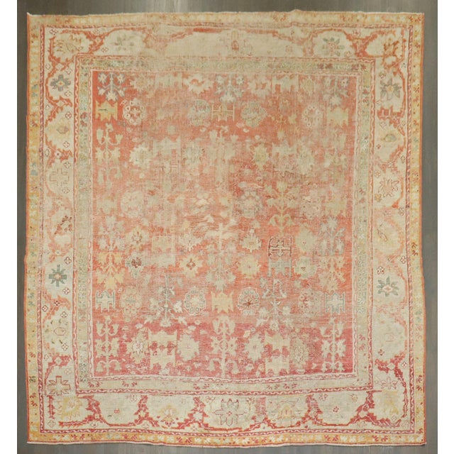 an early 20th-century room size square antique Turkish Oushak rug Details rug no. j4246 size 10' 6" x 11' (320 x 335 cm)