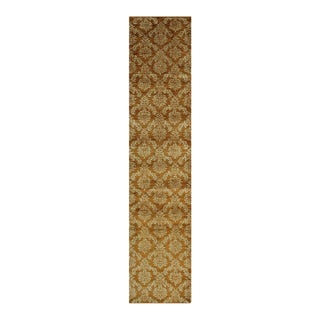 3x14 Gold Brown Damask Hand-Knotted Wool Runner For Sale