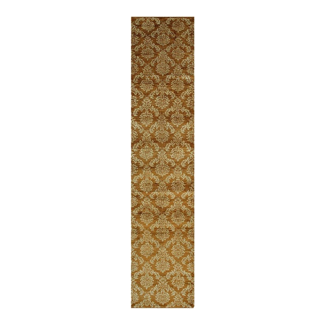 3x14 Gold Brown Damask Hand-Knotted Wool Runner For Sale