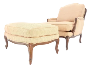 Wide Carved Walnut Frame Vintage French Arm Chair w/ Matching Ottoman Chaise