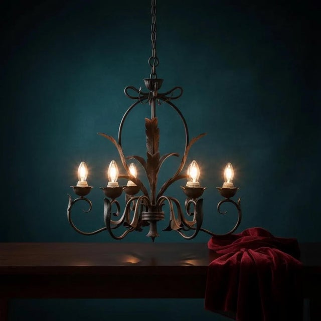 Mid 20th Century 19th Century French Style Hand-Forged Wrought Iron 5-Light Chandelier For Sale - Image 5 of 16