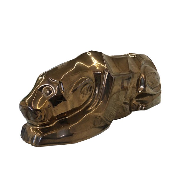 1980s Handmade Dark Gold Lacquer Lion Ceramic Statue For Sale - Image 5 of 8