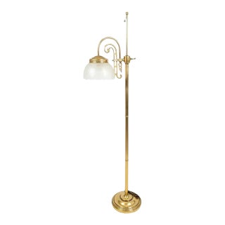 Vintage Art Deco Brass Floor Lamp With Etched Frosted Glass Shade For Sale