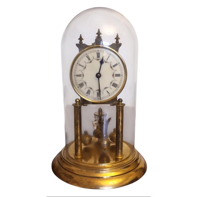 Gold Antique Yearly Clock with Glass Dome For Sale - Image 8 of 8