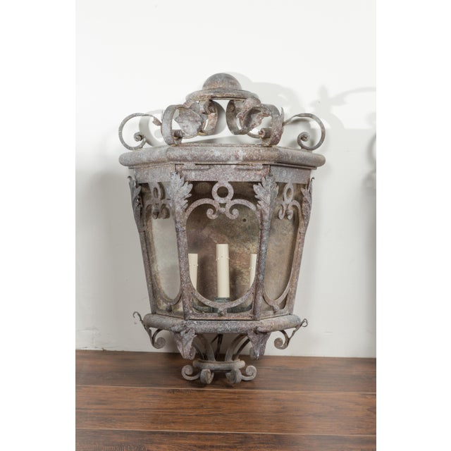 Metal 1920s French Iron Three-Light Lanterns with Scrolling Motifs and Foliage - a Pair For Sale - Image 7 of 12