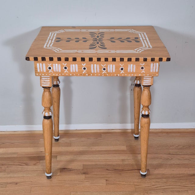 Farmhouse Antique Rustic Hand Painted Mustard Yellow Black & White Tall Side End Table Work Table Small Desk W/ Turned Legs For Sale - Image 3 of 11