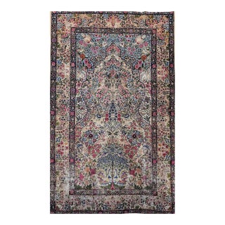 Antique Persian Kerman Lavar, Handwoven Tree of Life Pattern, Ivory & Turquoise, 5’ X 8’ For Sale