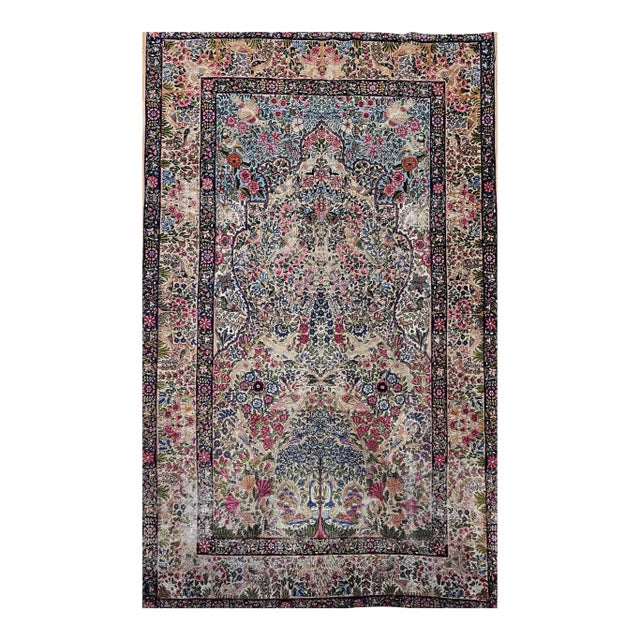 Antique Persian Kerman Lavar, Handwoven Tree of Life Pattern, Ivory & Turquoise, 5’ X 8’ For Sale