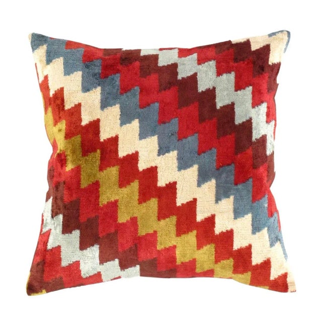 Contemporary Bohemian Multi Colors Velvet Ikat Pillow For Sale - Image 4 of 5