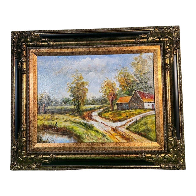 Original Oil on Canvas Autumn Landscape With Red-Roofed Barn, Gilt Frame For Sale