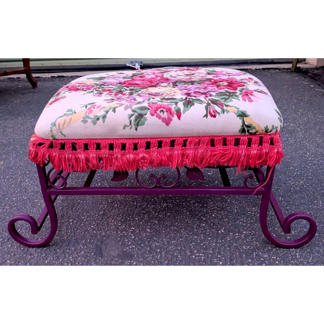 Mid-Century Modern Late 20th Century Vintage Floral Upholstered Cast Iron Framed Ottoman For Sale - Image 3 of 6