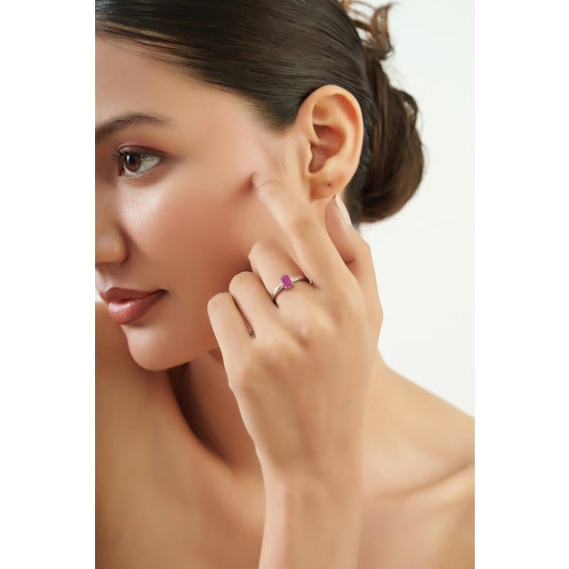 Metal Dainty 0.69 Ct Octagon Ruby & Diamond Three Stone Ring in 925 Sterling Silver Size 6 For Sale - Image 7 of 14
