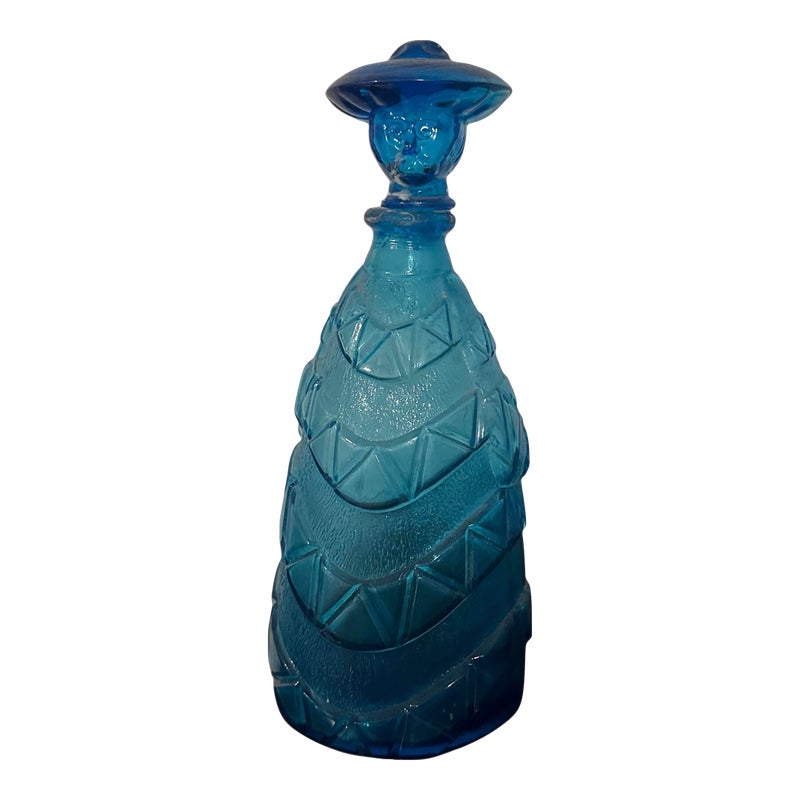 Vintage Empoli Italian Blue Glass Decanter With Stopper