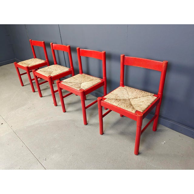 Vintage Red Lacquer and Wicker Dining Chairs, 1970s, Set of 4 For Sale - Image 9 of 11