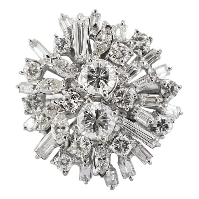 Vintage 18k White Gold 2.30ctw Diamond Bombe Starburst Cluster Cocktail Ring, Size 5 For Sale