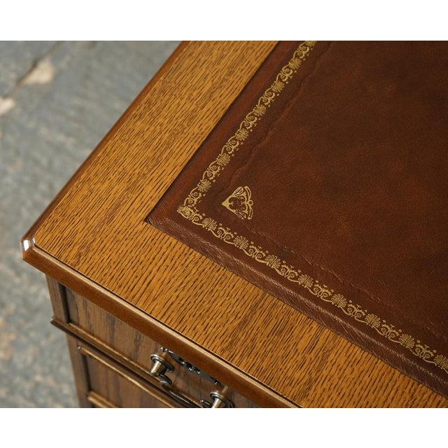 Vintage Oak Office Pedestal Desk in Brown Leather Top For Sale - Image 11 of 17