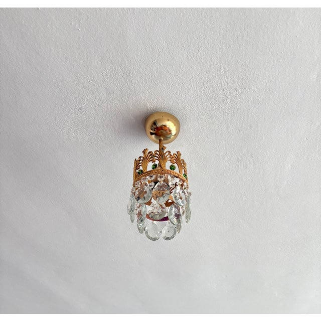 Vintage Small Brass & Emerald Green Crystal Crown Flush Mount – 1 Light For Sale - Image 17 of 18