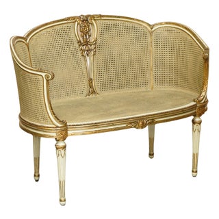 French Louis XVI Carved Giltwood Double Caned Bergere Sofa For Sale