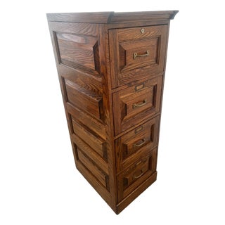 Vintage Tiger Oak File Cabinet Four Drawers One Locks Paneled Sides Legal Size For Sale