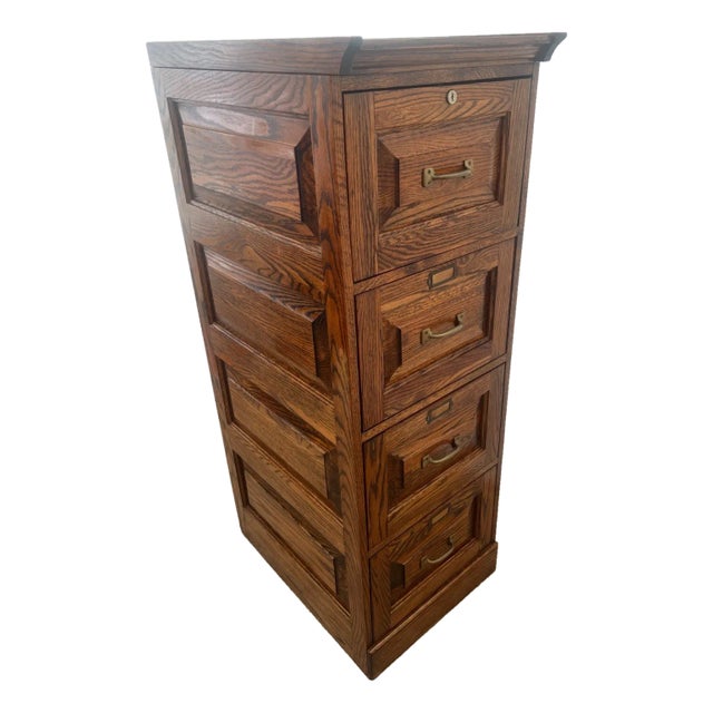 Vintage Tiger Oak File Cabinet Four Drawers One Locks Paneled Sides Legal Size For Sale
