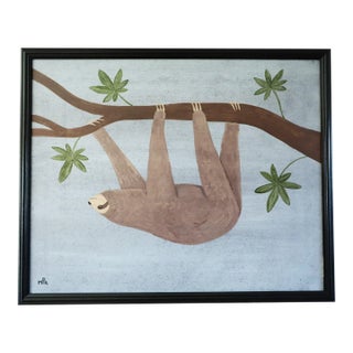 Contemporary 'Hanging Sloth' Original Naïve Style Animal Oil Painting by British Artist Matt Rix, Framed For Sale