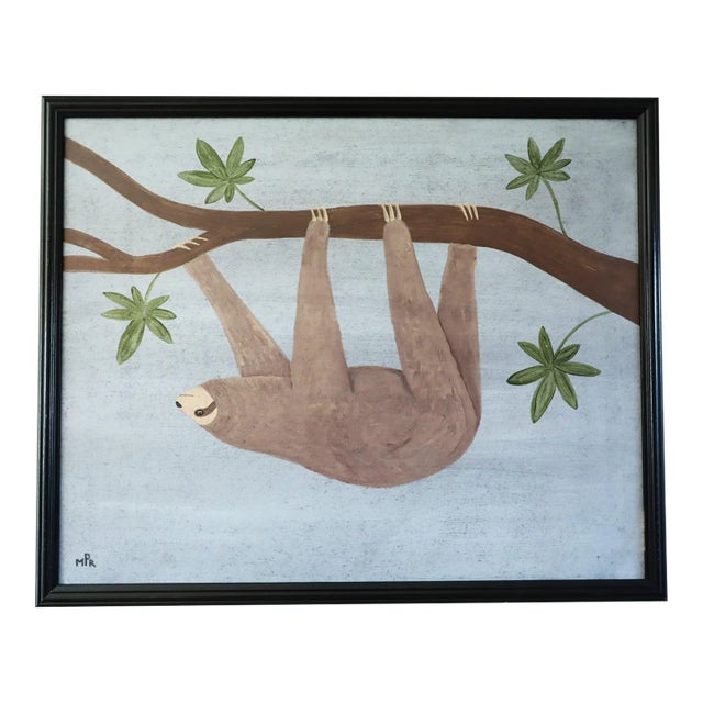 Contemporary 'Hanging Sloth' Original Naïve Style Animal Oil Painting by British Artist Matt Rix, Framed For Sale