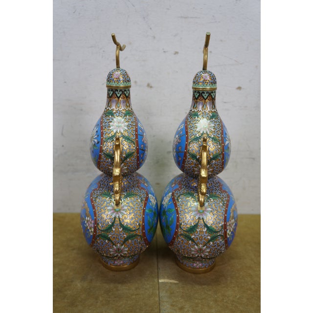 Metal Antique Chinese Champleve Cloisonne Double Gourd Turquoise Mantel Vases Urns 12" For Sale - Image 7 of 17