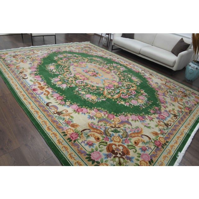 Persian 1970s Vintage Persian Handmade Wool Cotton Green Area Rug For Sale - Image 3 of 11