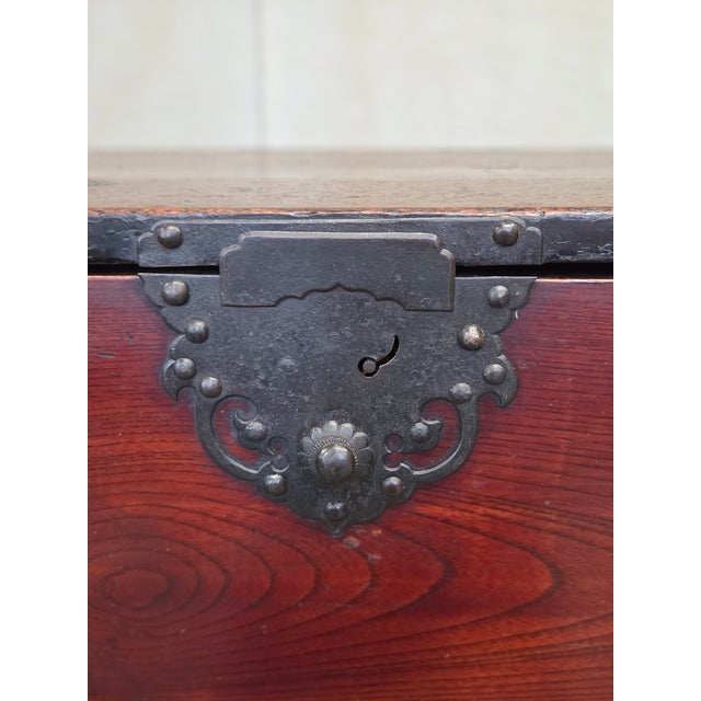 Oxblood Red Antique Early 1900s Meiji Period Japanese Pine/Elm Tansu Chest With Iron Hardware For Sale - Image 8 of 16