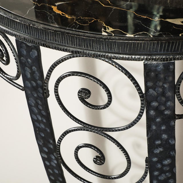 Art Deco Demilune Wrought Iron Spiral Motif & Porto Marble Inset Console Table For Sale - Image 9 of 13