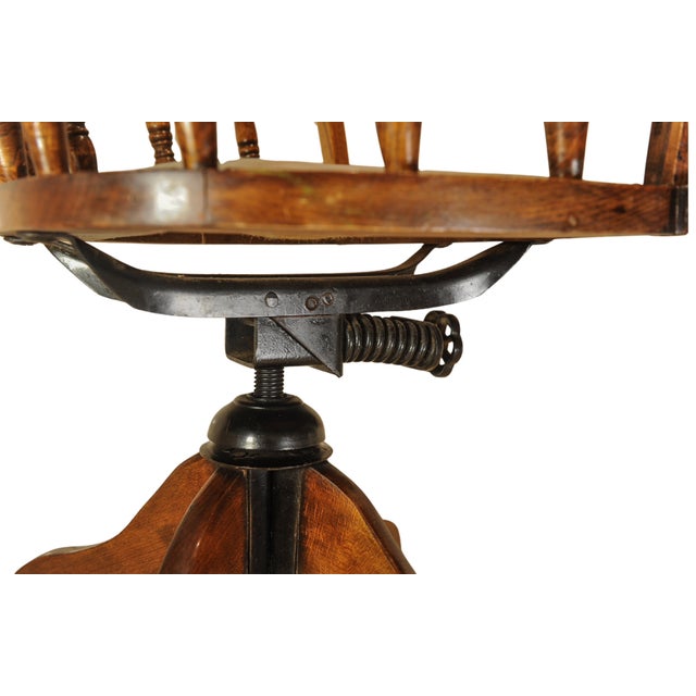 Antique Captain's Desk Chair with Brass Stud Detailing and Iron Base, 1930s For Sale - Image 9 of 10