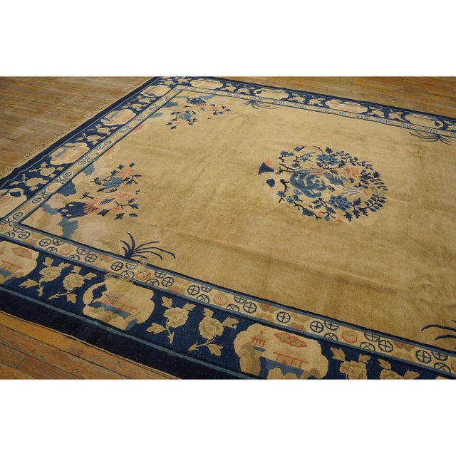 Antique 1920s Beige Field Deco Peacock Chinese Peking Knotted Rug 9' X 11' 6'' For Sale - Image 9 of 9