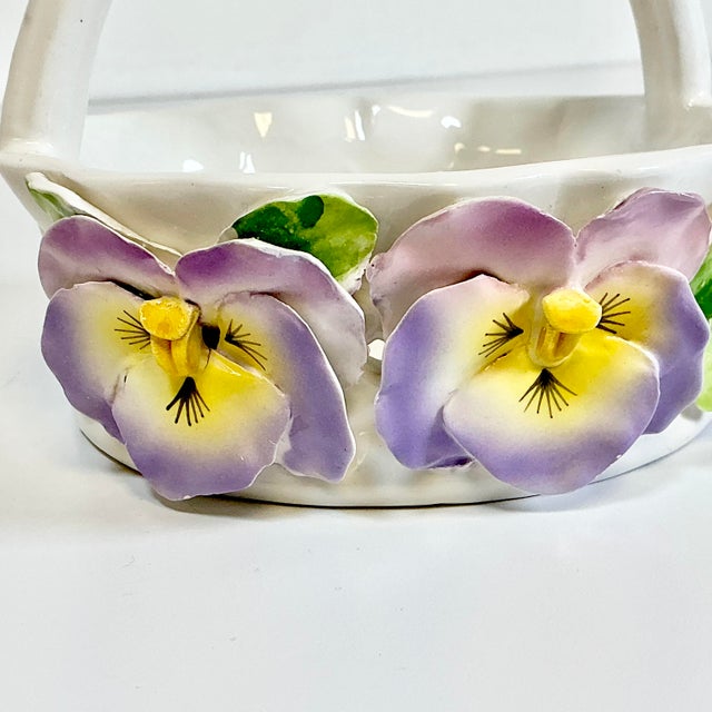 1980s Vintage Coastal Knife-Cut Ceramic Pansy Candy Dish With Handle For Sale - Image 4 of 12